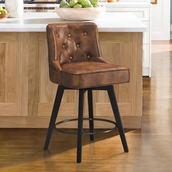 cozyman Roman 26.5 in. Brown Faux Leather Solid Wood Leg Counter Height Swivel Bar Stool With Back（Set of 1）