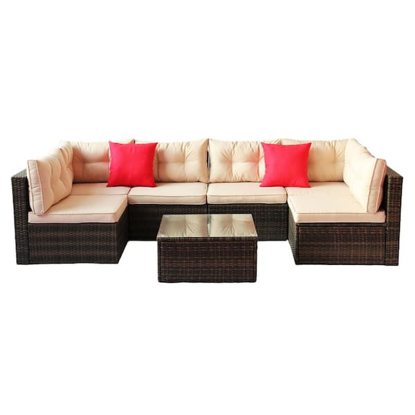 Tunearary 106 in. Wicker Outdoor Sectional Set with Beige Cushions Patio Furniture Brown Modular Free Combination Sectional