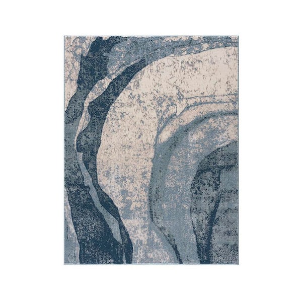 8 ft. x 10 ft. Abstract Blue Wave Pattern Area Rug Machine Woven Cut & Loop Medium Pile Rug for High-Traffic Areas