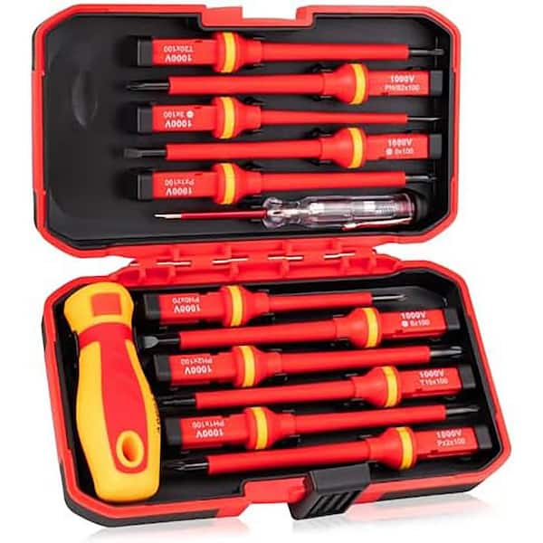 1000-Volt Insulated 5 in. Shank 8 Bit Red Insulated Electrician Screwdriver Set Hand Tool 13-Piece Kit for Safety