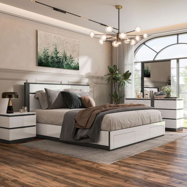 Summit Run 4-Piece White and Metallic Gray Wood Frame Queen Platform Bedroom Set with Footboard Drawers
