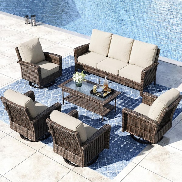 Black 6-Pieces Metal Patio Conversation Sectional Seating Set with Swivel Sofa Chairs, Glass Top Table and Beige Cushion