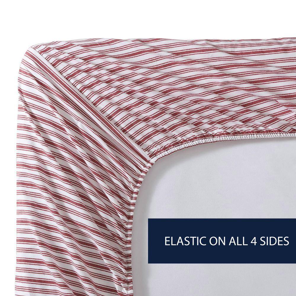 Twin Red Cotton Percale Striped Fitted Sheet