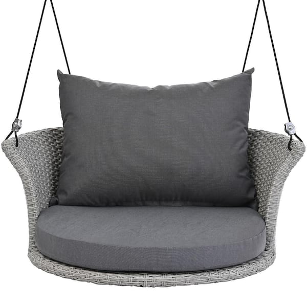 ToolCat 34 in. Single Person Gray Wicke Porch Swing With Gray Cushion and Ropes