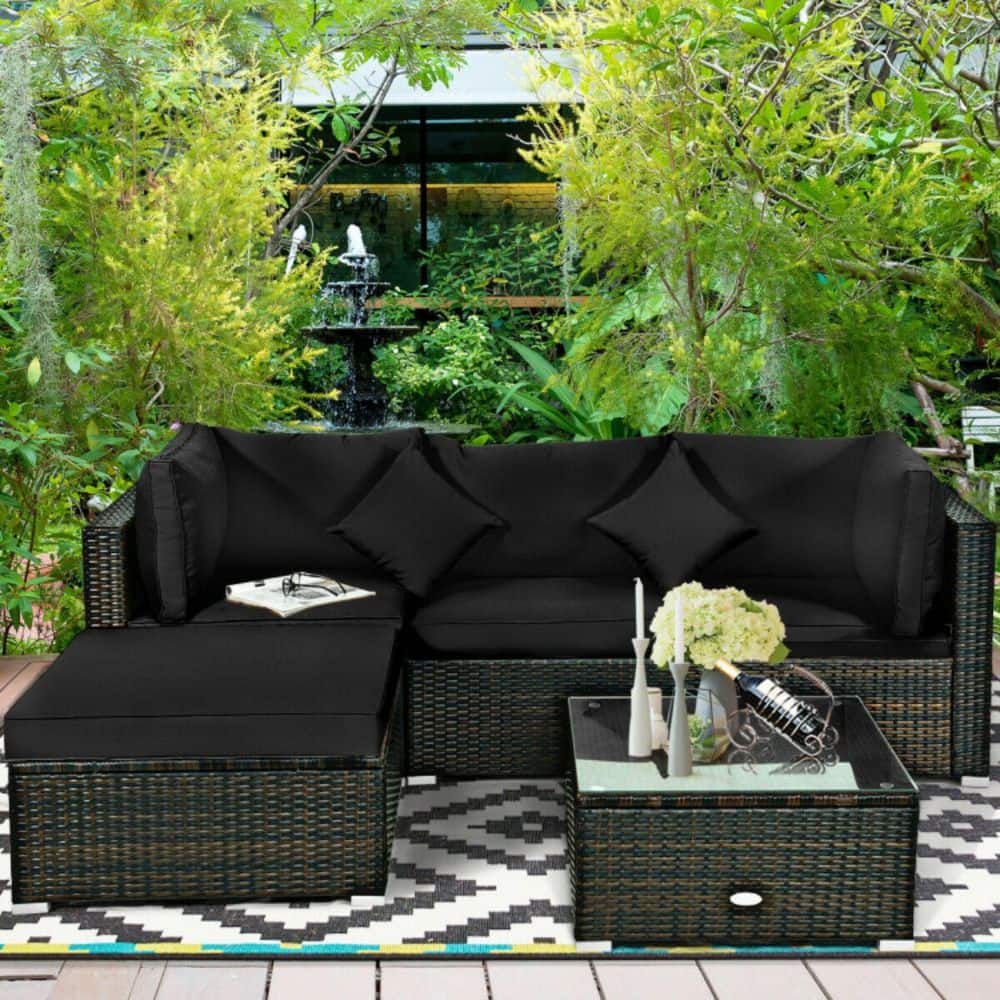 5-Piece Rattan Wicker Patio Conversation Set with Tempered Glass Table Top Outdoor Sectional Sofa Set with Black Cushion price history on PriceWatchPro