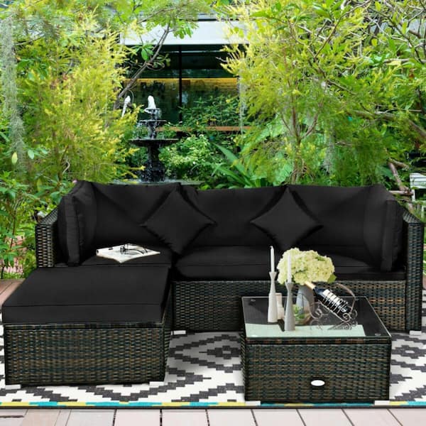 Kadehome 5-Piece Rattan Wicker Patio Conversation Set with Tempered Glass Table Top Outdoor Sectional Sofa Set with Black Cushion