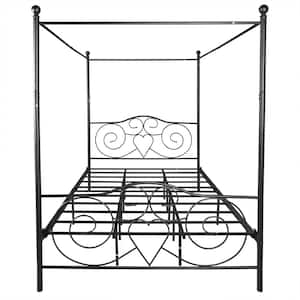 Queen Black Metal Canopy Bed Frame Platform Bed with Vintage Style Headboard and Footboard