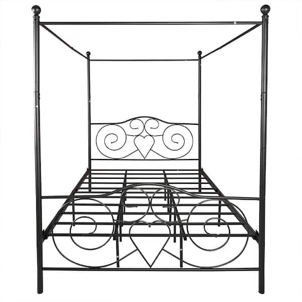 sumyeg Queen Black Metal Canopy Bed Frame Platform Bed with Vintage Style Headboard and Footboard