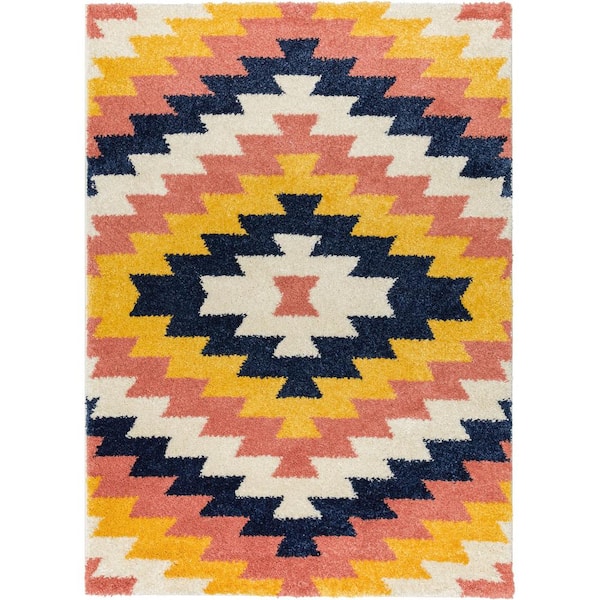 Well Woven Gigi Titan Moroccan Tribal Shag Ivory Blue 5 ft. 3 in. x 7 ft. 3 in. Area Rug