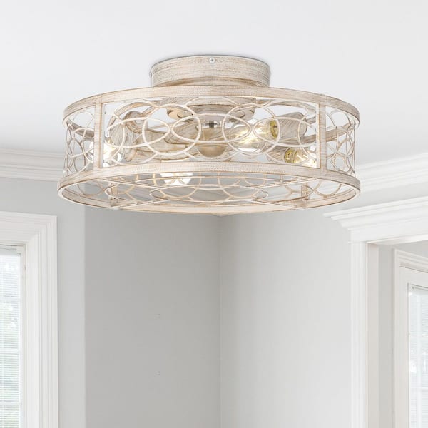 Gloriel 20 in. 4-Light Indoor Rustic White Farmhouse Fandelier with Remote Control, Bulbs Not Included
