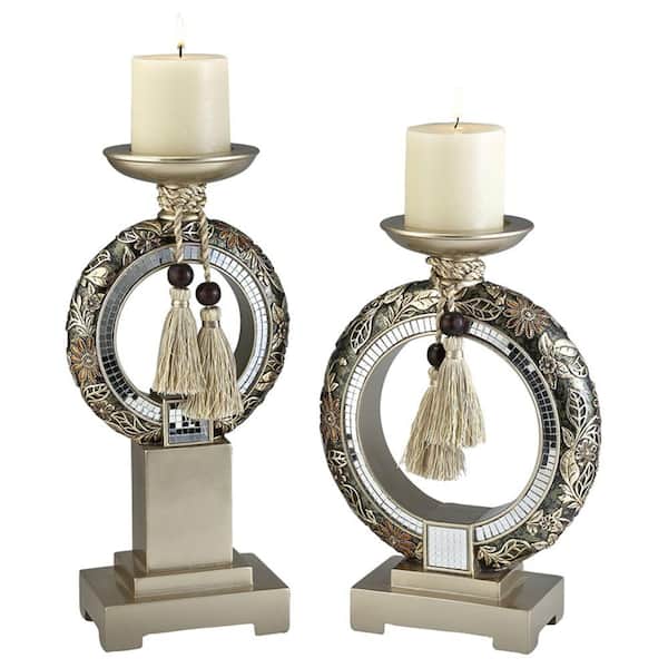 ORE International 12 in. / 14 in. H Chrysanthemum Candle Holder Set