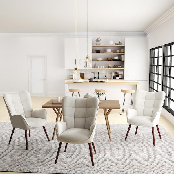 Homy Casa KDNG White Fabric Upholstered Dining Chair with Tapered Wood Legs (Set of 2)