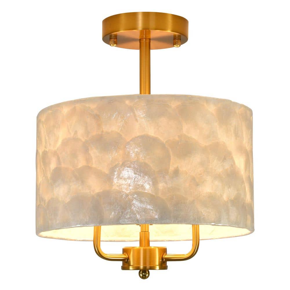 3-Light Modern Drum Antique Gold Semi-Flush Mount Ceiling Light with Coastal Shell Fabric Shade for Bedroom Hallway price history on PriceWatchPro