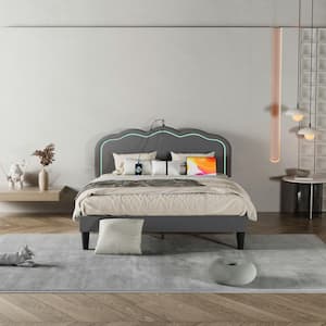 Upholstered Bed Gray Metal Frame Queen Platform Bed Adjustable Charging Station Headboard LED Lights Bed Frame