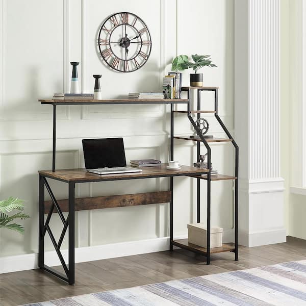 Home Office Computer Desk With Hutch, Multi Tier Bookcase With Fold Down Desktop Computer