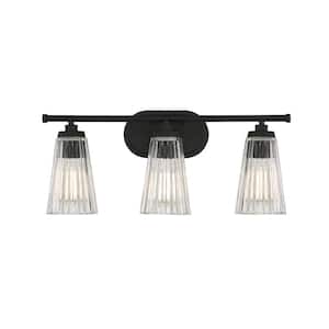 Chantilly 22 in. 3-Light Matte Black Bathroom Vanity Light with Clear Ribbed Glass Shades