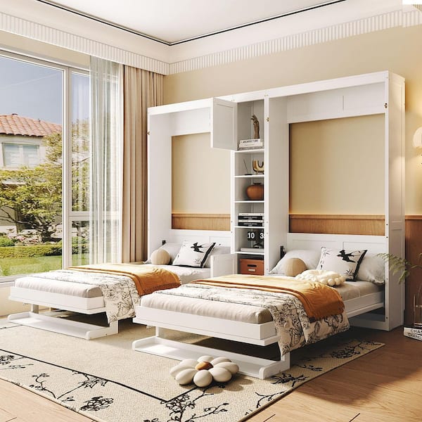 Kristine White Wood Frame Dual Twin Size Murphy Beds with Cabinets and Shelves
