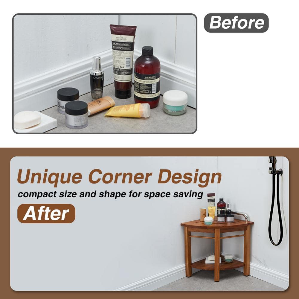 Teak Corner Shower Bench with Handle and Storage