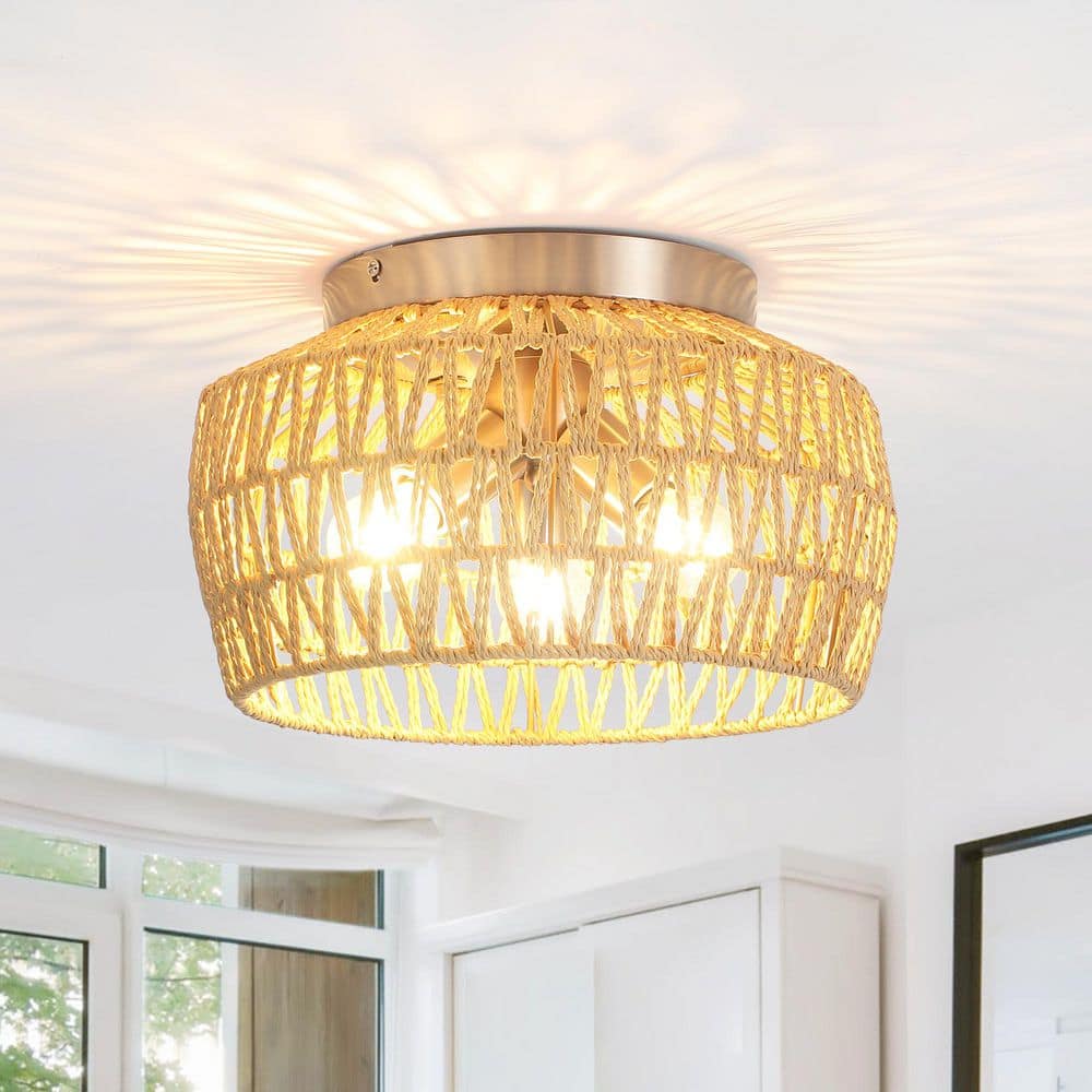 12.59 in. 3-Light Nickel Rattan Semi Flush Mount Chandelier for Bedroom Hallway Foyer and No Bulbs Included price history on PriceWatchPro