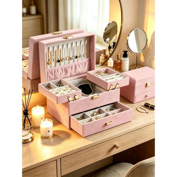 Dracelo Pink 9.1 in. x 5.7 in. 3-Tier Leather Jewelry Organizer
