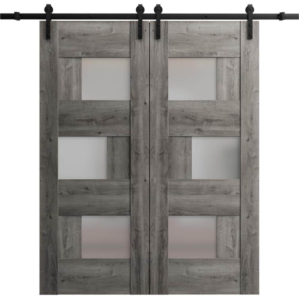 Assemble Required 24 in. x 96 in. 2 Panel Frosted Glass Nebraska Grey Solid Wood Sliding Barn Door with Hardware Kit price history on PriceWatchPro