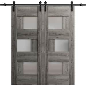 32 in. x 96 in. 2 Panel Frosted Glass Nebraska Grey Solid MDF Sliding Barn Door with Hardware Kit