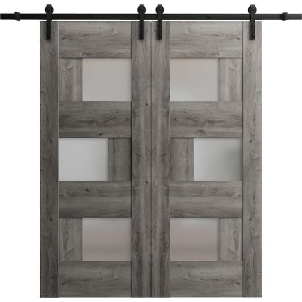 VDOMDOORS 42 in. x 96 in. 2 Panel Frosted Glass Nebraska Grey Solid Wood Sliding Barn Door with Hardware Kit