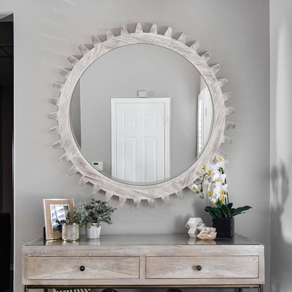 Antiqued White Distressed Wood Round Gear-Shaped Mirror 34" x 34"