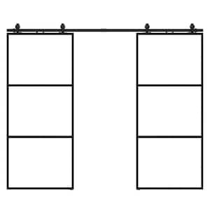 36 in. x 84 in. Full-lite Clear Glass Black Metal Frame Double Sliding Barn Door with Hardware Kit and Soft-close