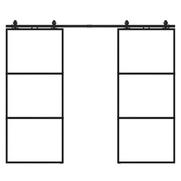 72 in. x 84 in. Full-lite Clear Glass Black Metal Frame Double Sliding Barn Door with Hardware Kit and Soft-close
