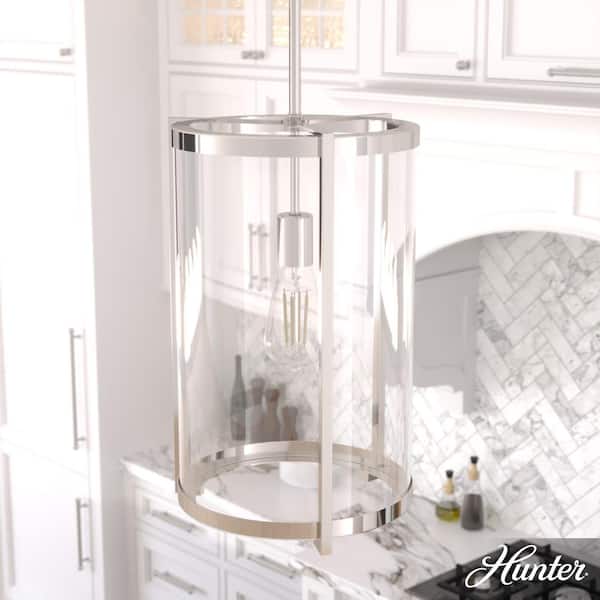 Hunter Astwood 1-Light Polished Nickel Island Pendant with Clear Glass Shade Dining Room Light