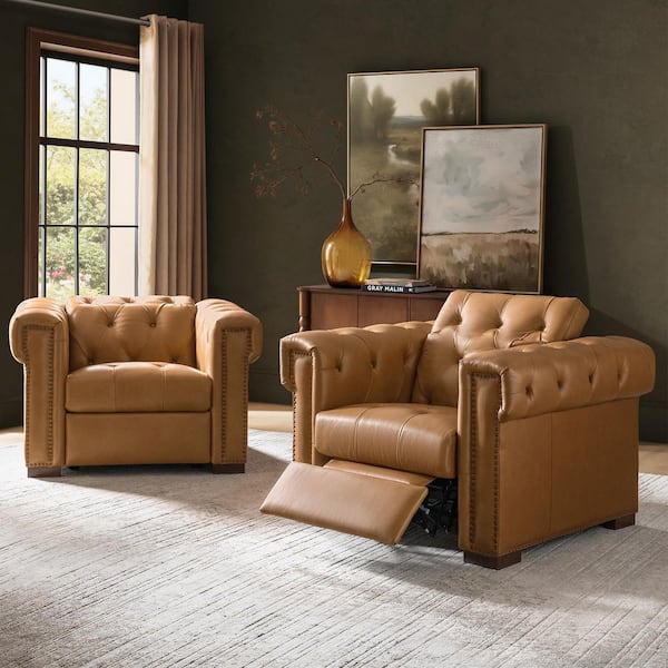Acoetes Camel Traditional Genuine Leather Power Recliner with Button-Tufted Back Set of 2