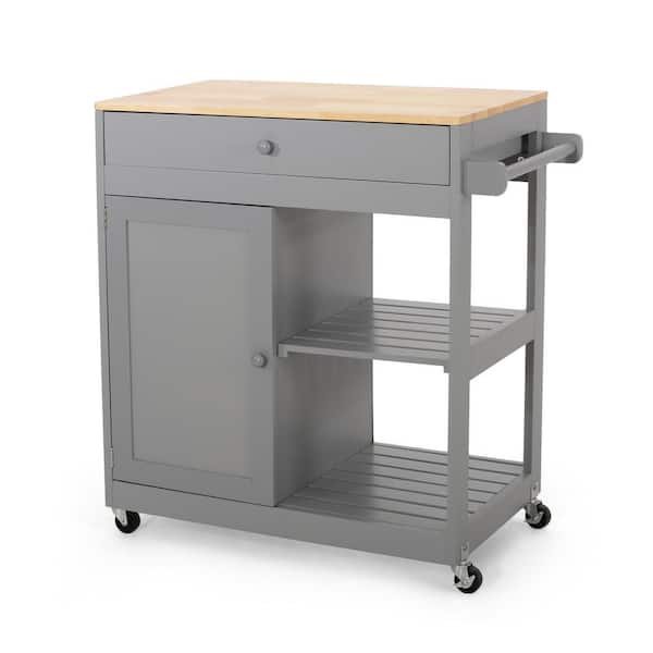 Noble House Tift White Kitchen Cart with Natural Wood Top