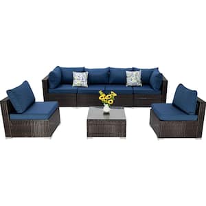 7-Piece PE Rattan Wicker Outdoor Patio Conversation Set with Peacock Blue Cushions