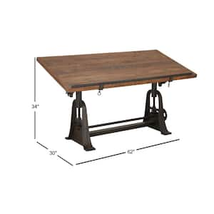 30 in. Rectangle Brown Teak Wood Drafting Style Computer Desk with Tilting Top and Crank Height Adjustment