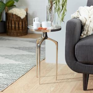 13 in. Silver Tray Inspired Top Large Round Aluminum End Accent Table with 3 Tripod Legs