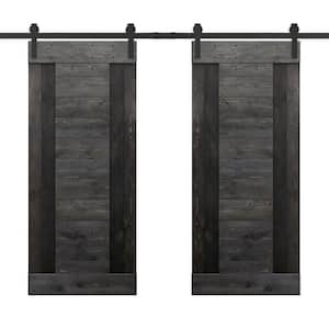 48 in. x 84 in. Charcoal Black Stained DIY Knotty Pine Wood Interior Double Sliding Barn Door with Hardware Kit