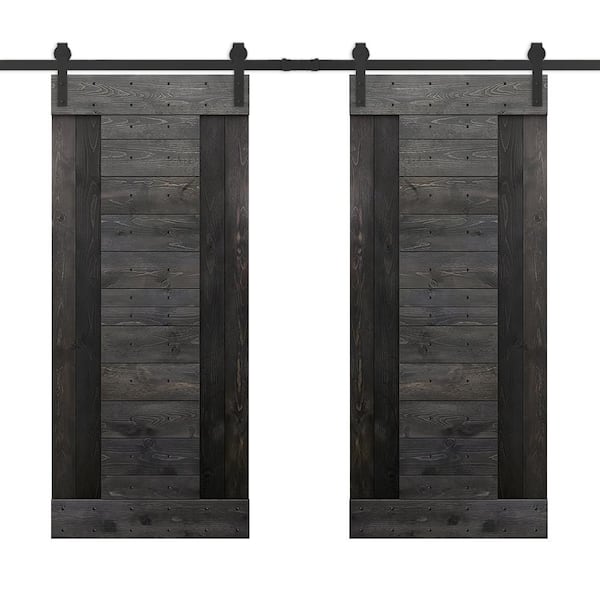 CALHOME 60 in. x 84 in. Charcoal Black Stained DIY Knotty Pine Wood Interior Double Sliding Barn Door with Hardware Kit