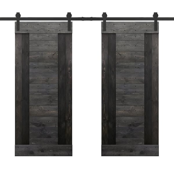 CALHOME 72 in. x 84 in. Charcoal Black Stained DIY Knotty Pine Wood Interior Double Sliding Barn Door with Hardware Kit