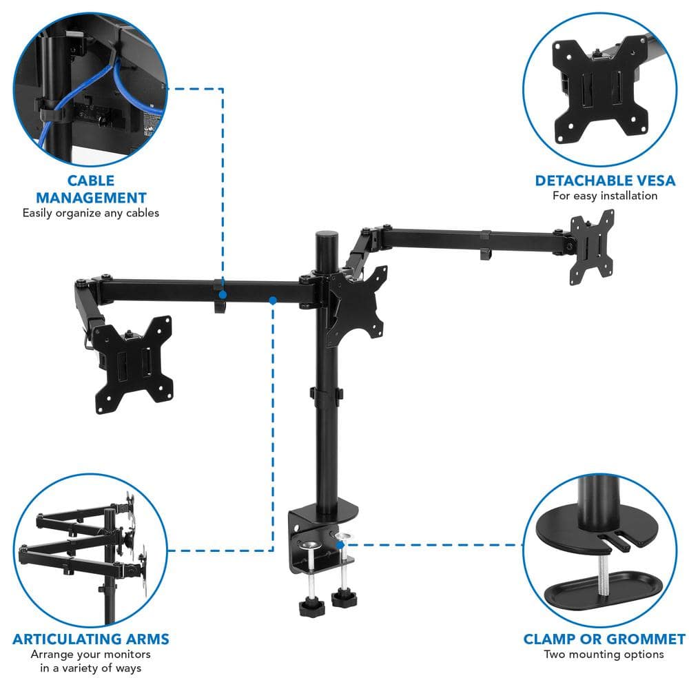 Black Heavy Duty Steel Full Motion Triple Monitor Desk Mount