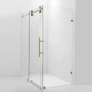Spezia 60 in. W x 78 in. H Rectangular Single Sliding Frameless Corner Shower Enclosure in Brushed Gold