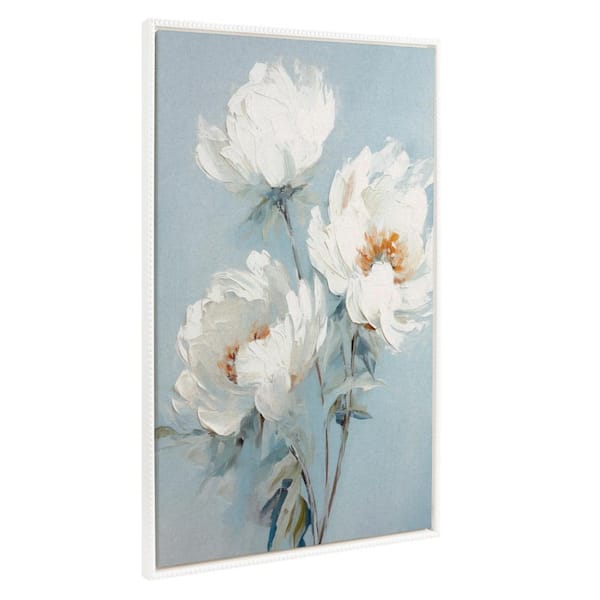 Kate and Laurel Sylvie White Peonies on Ocean Blue 1-Piece White Framed Canvas Art Print, 31.50 in. x 41.50 in.
