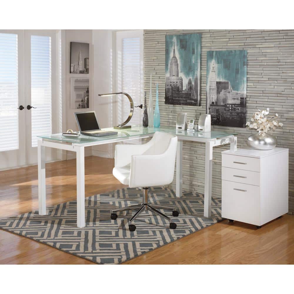 Modern White Corner Home Office Desk with Glass Top and Drawer