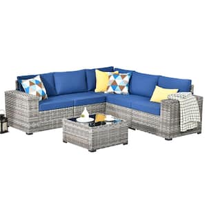 Tahoe Gray 6-Piece Wicker Extra-Wide Arm Outdoor Patio Conversation Sofa Set with Navy Blue Cushions