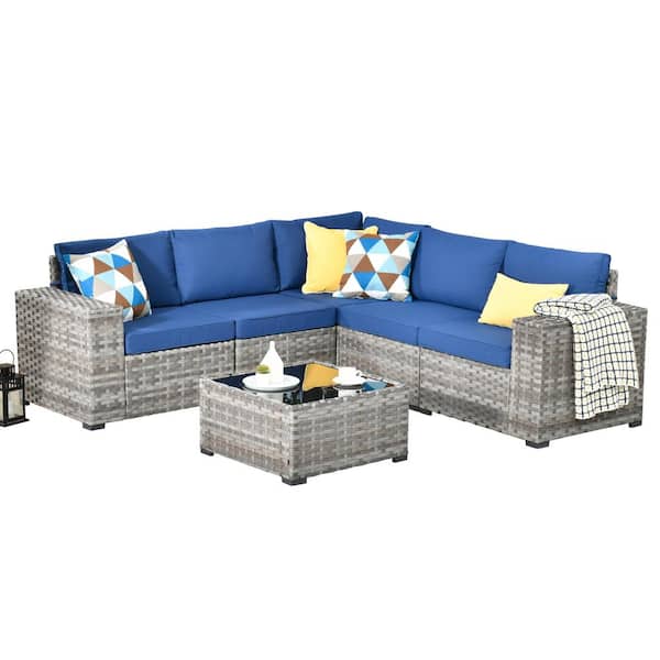 Tahoe Gray 6-Piece Wicker Extra-Wide Arm Outdoor Patio Conversation Sofa Set with Navy Blue Cushions