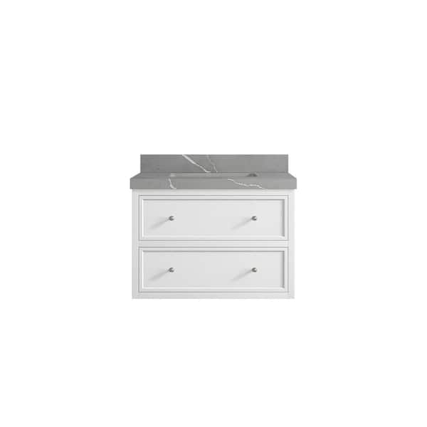 Willow Collections Roswell Floating 30 in. Single Sink Freestanding White Bath Vanity with Piatra Gray Qt. Top Unassembled