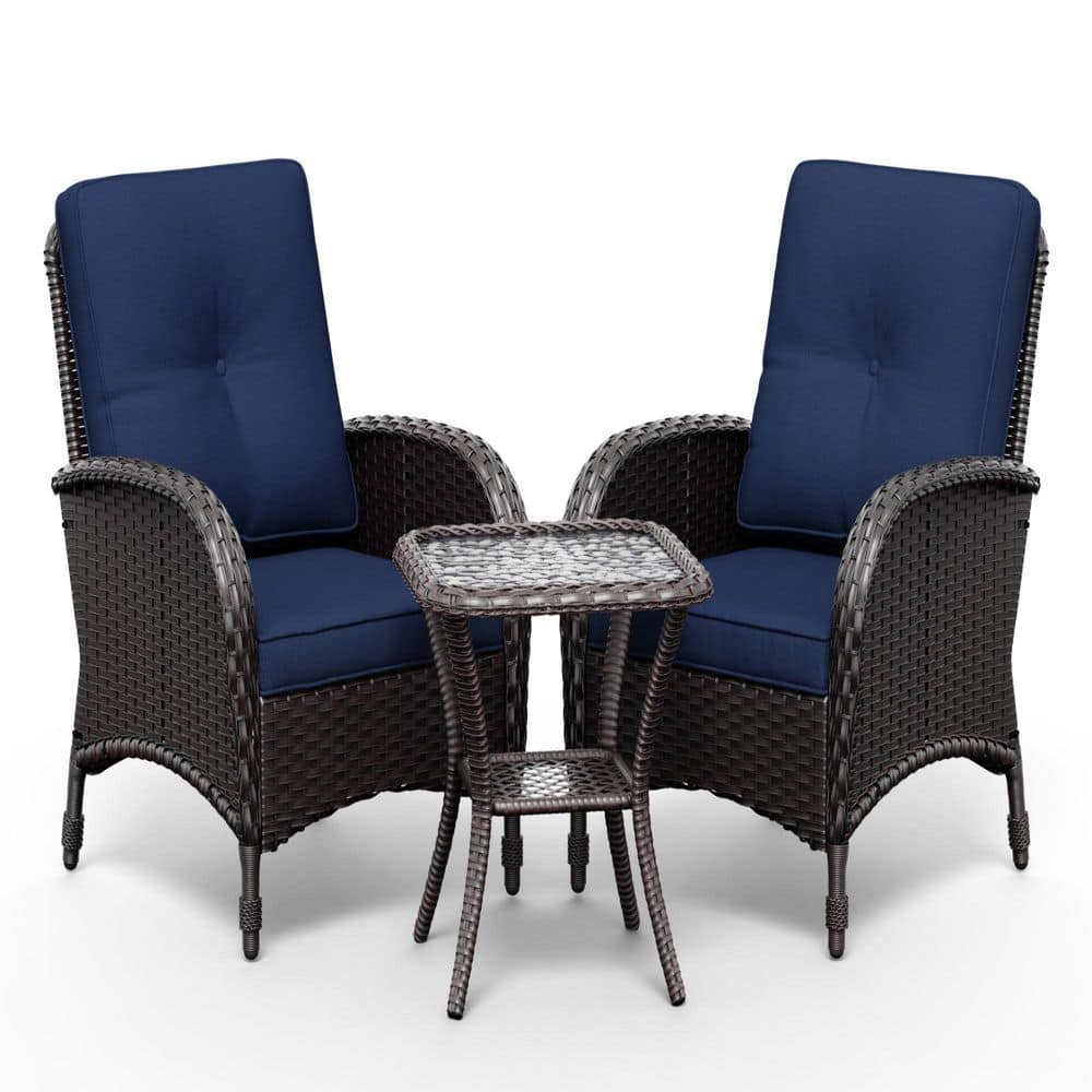 3-Piece Dark Brown Wicker Patio Outdoor Lounge Chairs Conversation Set with Blue Cushions price history on PriceWatchPro