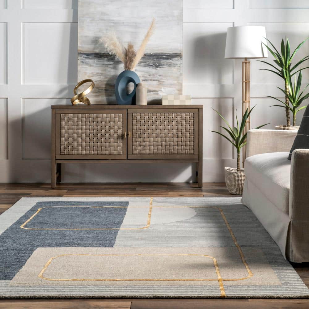 Blue and Gray Tufted Wool Striped Area Rug