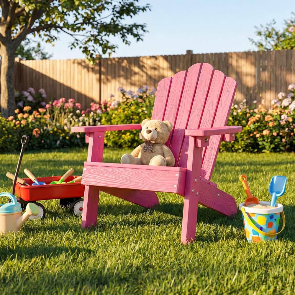 Costway Pink Plastic Kids Adirondack Chair, All-weather Outdoor