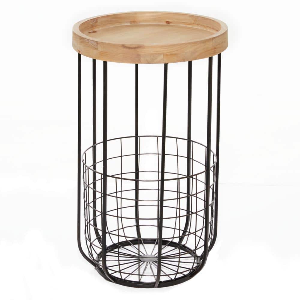 Compact Industrial Black Metal & Wood Accent Table with Basket Storage
